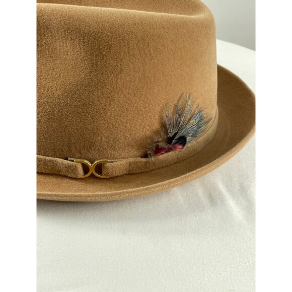 1950s Wool felt fedora with box by Dobbs tan color with feather and harness size - Picture 2 of 10